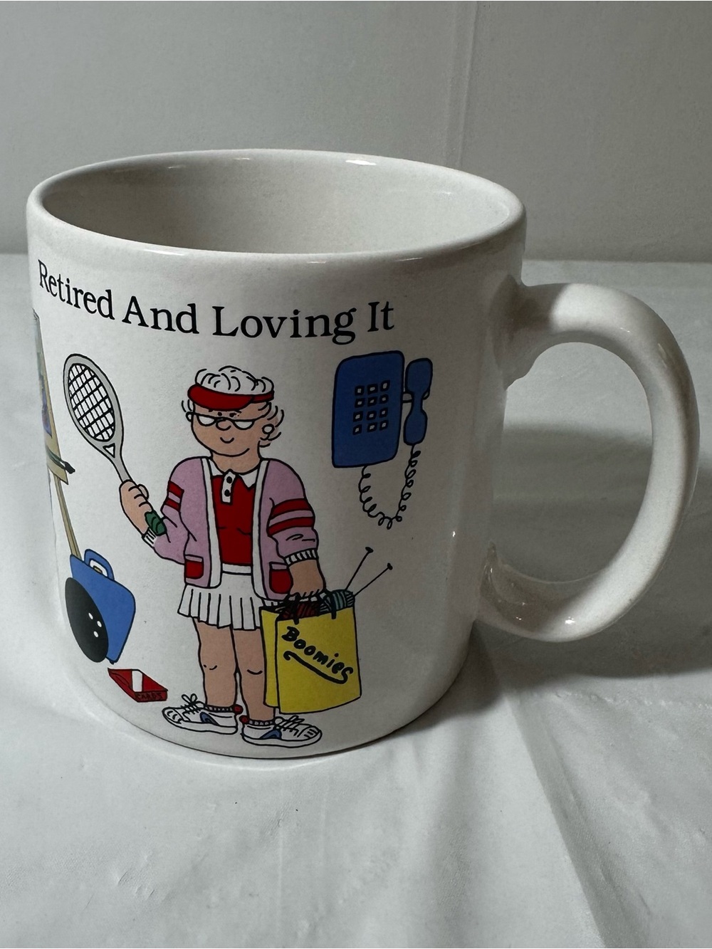 RETIRED AND LOVING IT Russ White Ceramic Mug with Black Logo